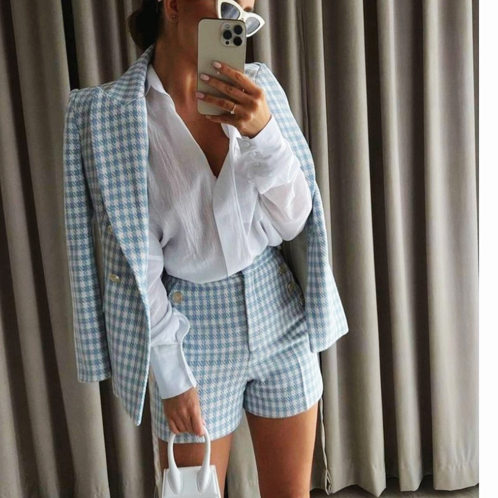 💎NWT Zara Tweed Textured Blazer Jacket Shorts Set Blue XS S